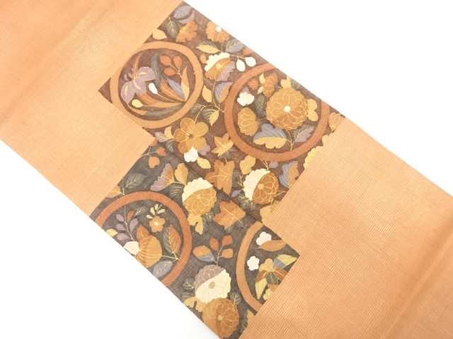 JAPANESE KIMONO / FUKURO OBI / SILK / TSUMUGI / WOVEN ROUNDEL CREST & FLOWERS
